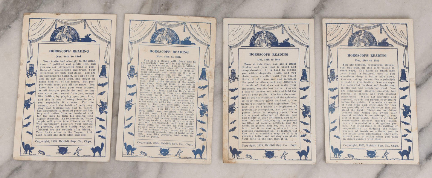 Lot 024 - Antique Set Of 20 Horoscope Reading Cards, Coin-Op Fortune Cards, Copyright 1925 Exhibit Supply Co., Chicago