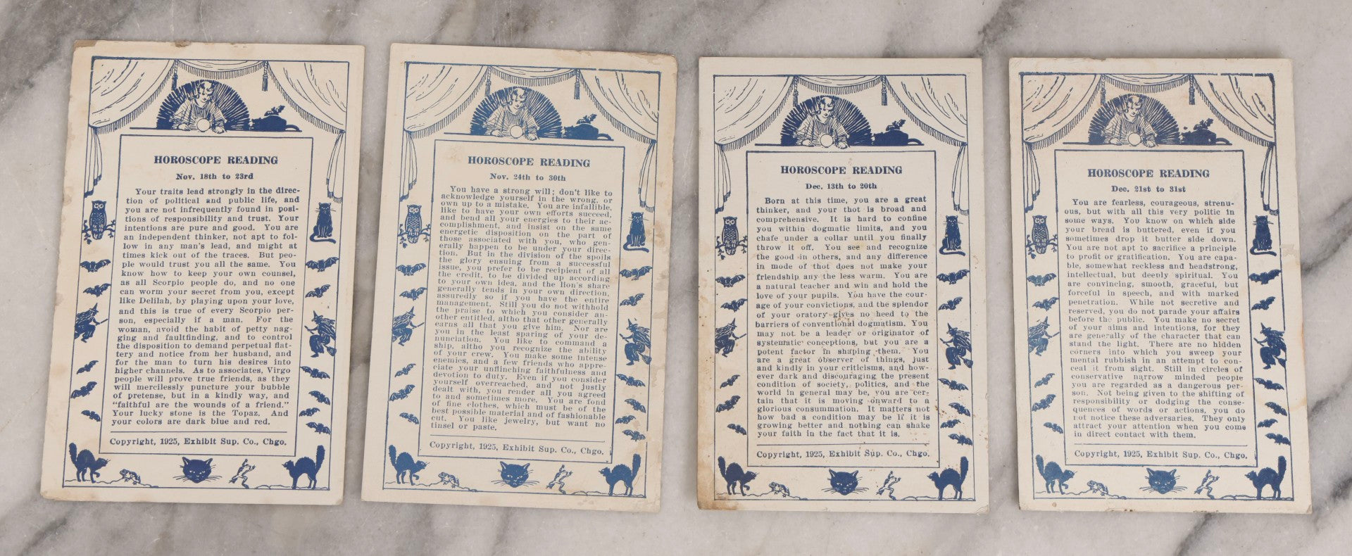 Lot 024 - Antique Set Of 20 Horoscope Reading Cards, Coin-Op Fortune Cards, Copyright 1925 Exhibit Supply Co., Chicago