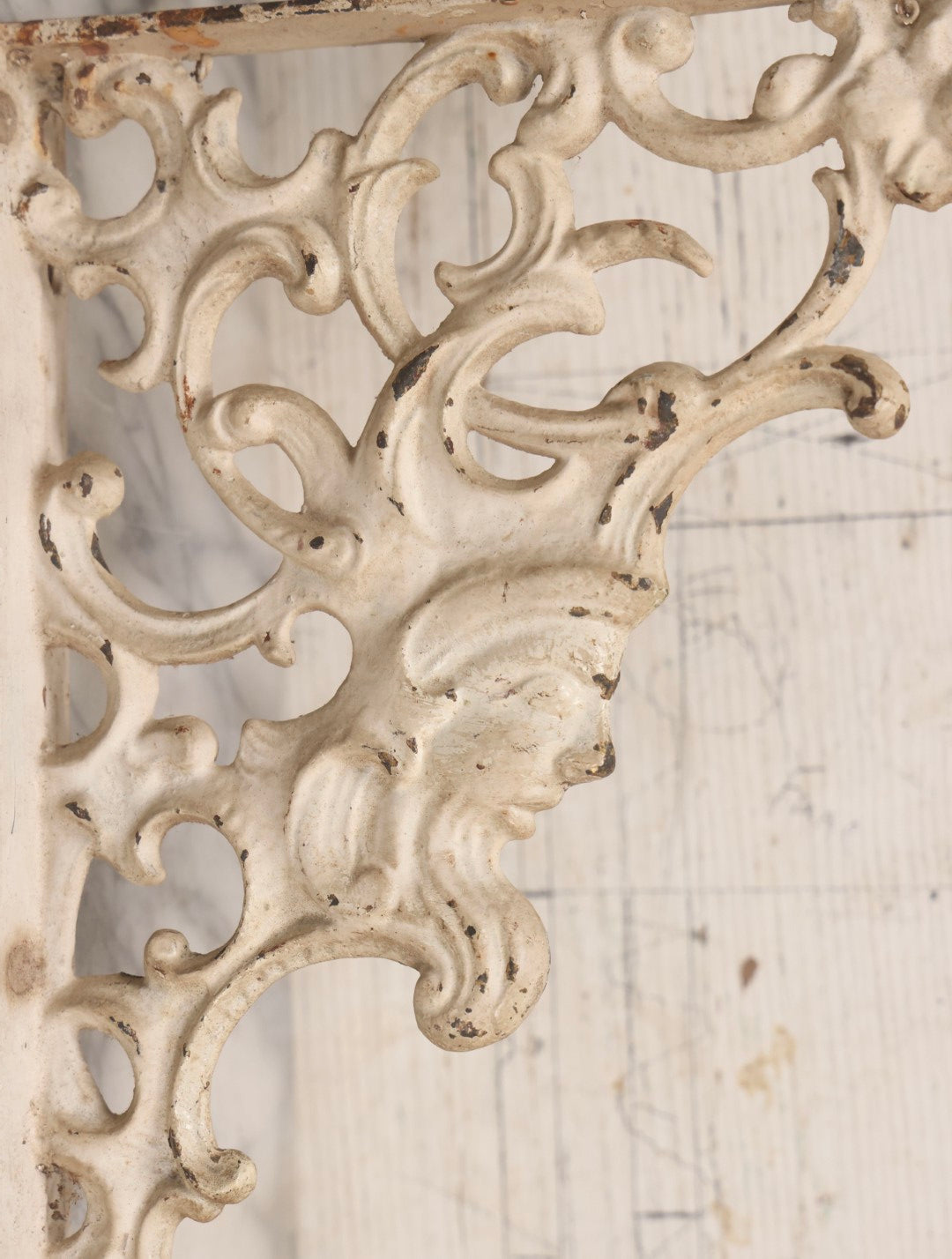 Lot 028 - Pair Of Antique White Painted Cast Iron Ornate Architectural Shelf Brackets With Figural Face Motif