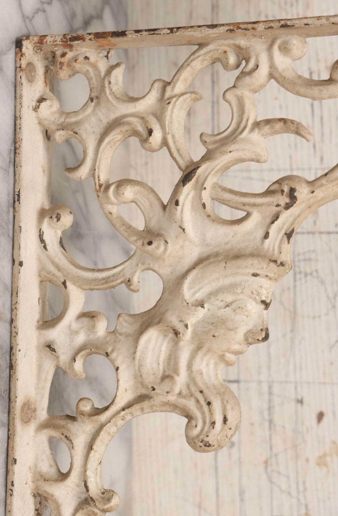 Lot 028 - Pair Of Antique White Painted Cast Iron Ornate Architectural Shelf Brackets With Figural Face Motif