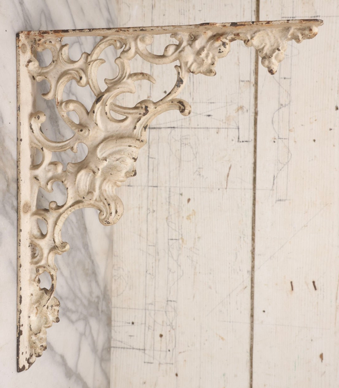 Lot 028 - Pair Of Antique White Painted Cast Iron Ornate Architectural Shelf Brackets With Figural Face Motif