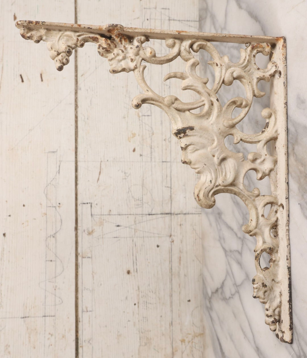 Lot 028 - Pair Of Antique White Painted Cast Iron Ornate Architectural Shelf Brackets With Figural Face Motif