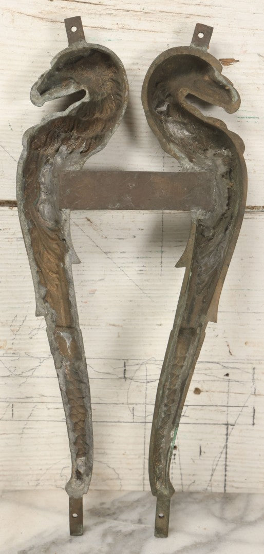 Lot 029 - Pair Of Antique Cast Metal Architectural Ornaments Depicting Eagles With Detailed Feather Work And Mounting Brackets