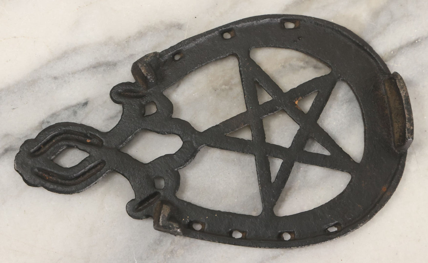 Lot 030 - Vintage Cast Iron Trivet With Pentagram Design And "Good Luck" Inscription