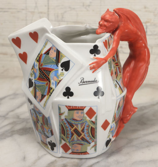 Lot 032 - Vintage Royal Bayreuth "Devil & Cards" Pitcher With Playing Card Motif And Devil Handle, Circa 1940s Marked "Bermuda", Note Chip To Spout