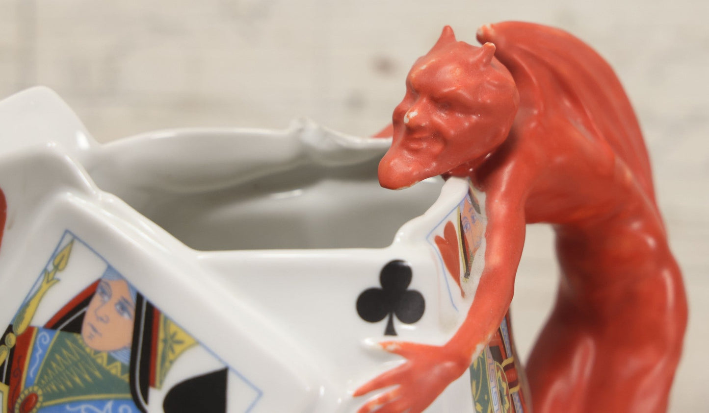 Lot 032 - Vintage Royal Bayreuth "Devil & Cards" Pitcher With Playing Card Motif And Devil Handle, Circa 1940s Marked "Bermuda", Note Chip To Spout