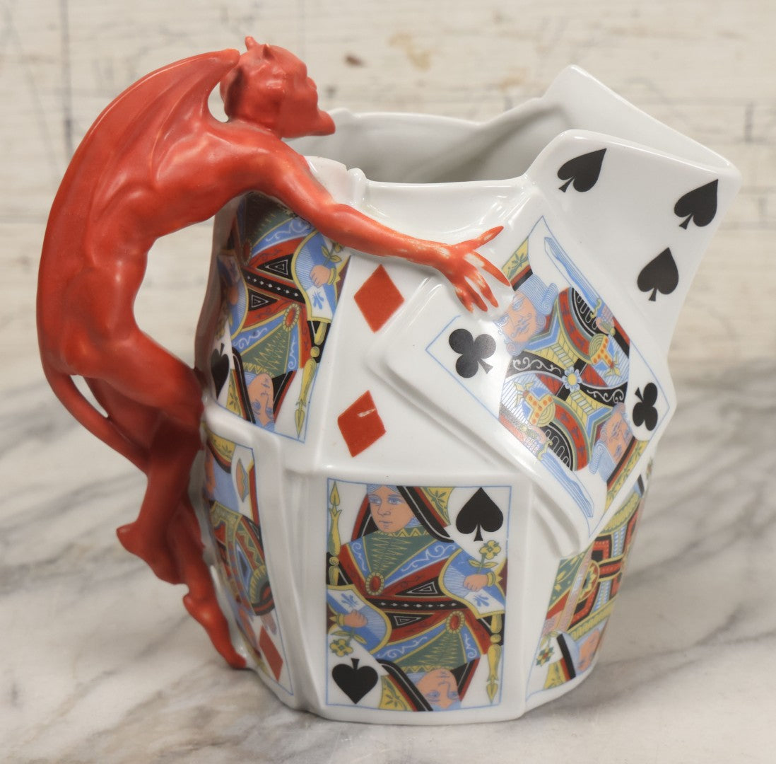 Lot 032 - Vintage Royal Bayreuth "Devil & Cards" Pitcher With Playing Card Motif And Devil Handle, Circa 1940s Marked "Bermuda", Note Chip To Spout