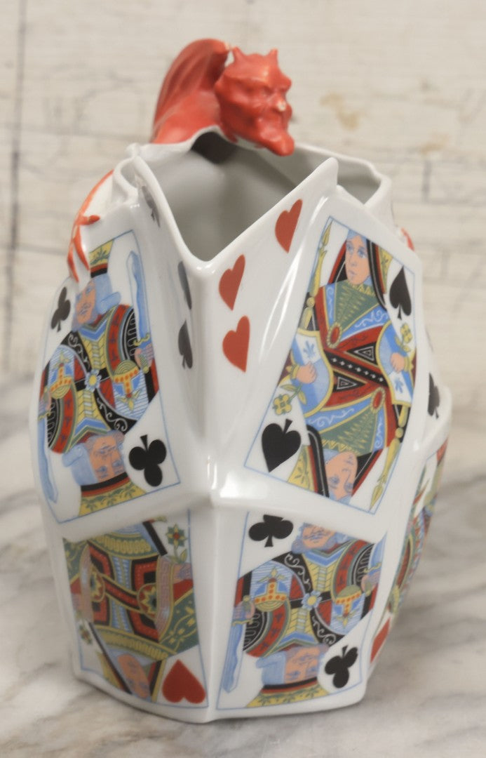 Lot 032 - Vintage Royal Bayreuth "Devil & Cards" Pitcher With Playing Card Motif And Devil Handle, Circa 1940s Marked "Bermuda", Note Chip To Spout