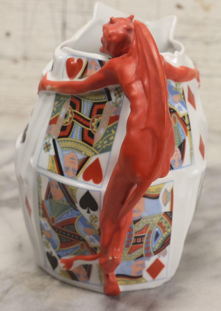 Lot 032 - Vintage Royal Bayreuth "Devil & Cards" Pitcher With Playing Card Motif And Devil Handle, Circa 1940s Marked "Bermuda", Note Chip To Spout