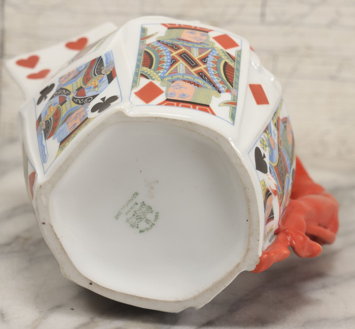 Lot 032 - Vintage Royal Bayreuth "Devil & Cards" Pitcher With Playing Card Motif And Devil Handle, Circa 1940s Marked "Bermuda", Note Chip To Spout