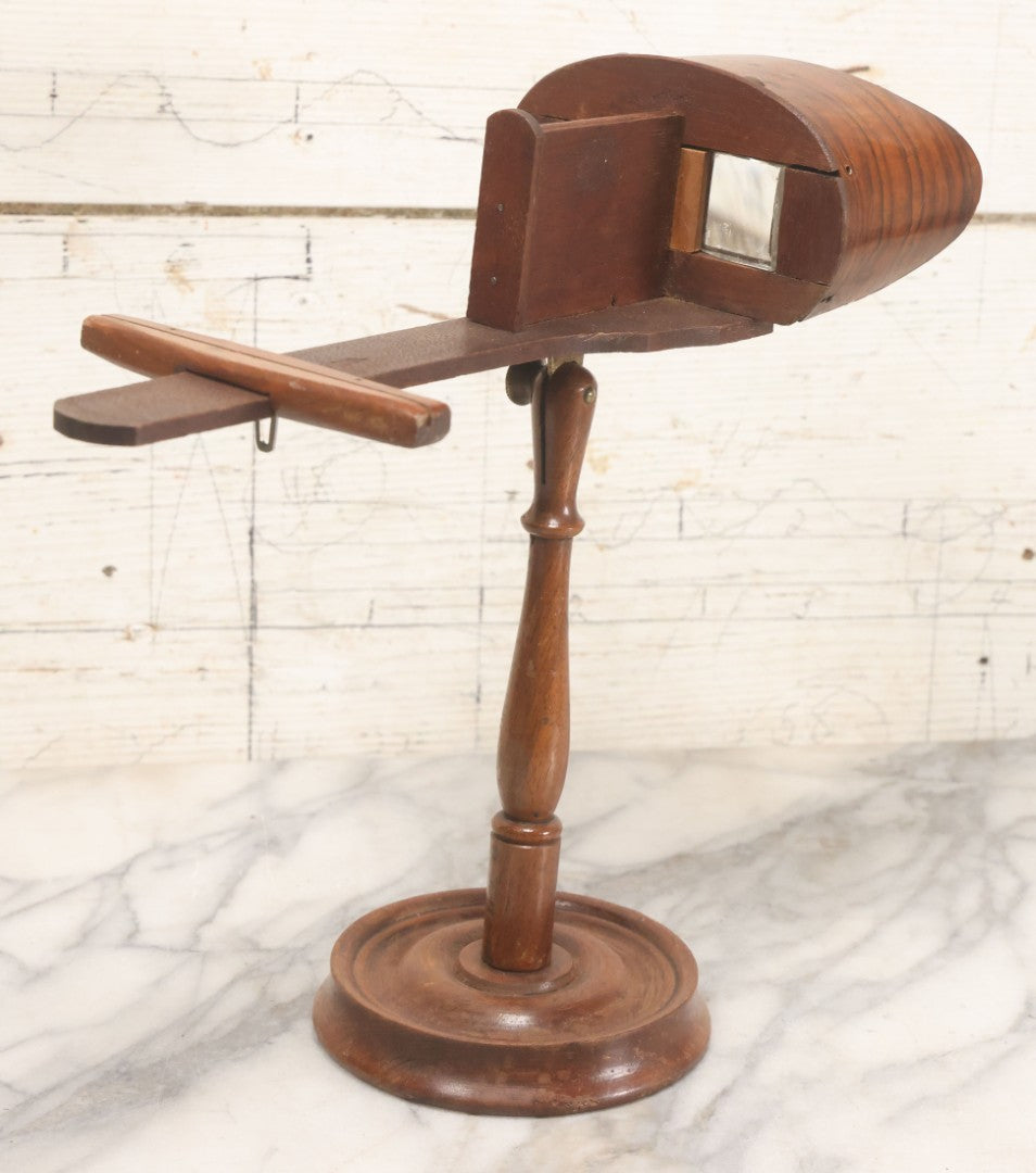 Lot 041 - Antique Wooden Stereoscopic Card Viewer On Turned Pedestal Stand, Complete With Viewing Hood And Card Holder