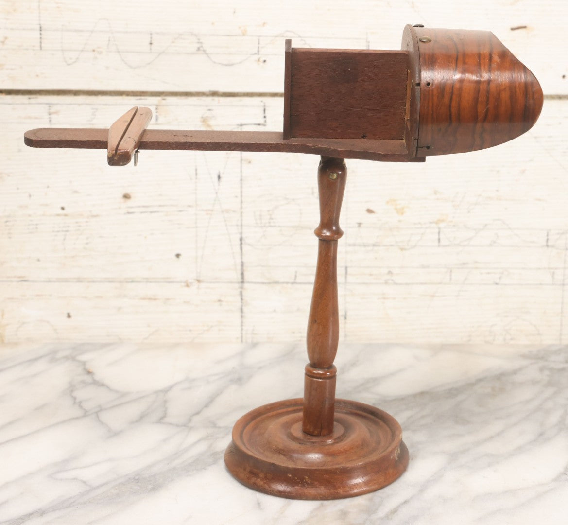 Lot 041 - Antique Wooden Stereoscopic Card Viewer On Turned Pedestal Stand, Complete With Viewing Hood And Card Holder