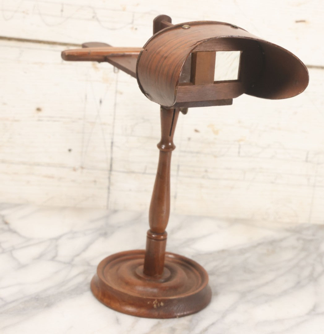 Lot 041 - Antique Wooden Stereoscopic Card Viewer On Turned Pedestal Stand, Complete With Viewing Hood And Card Holder
