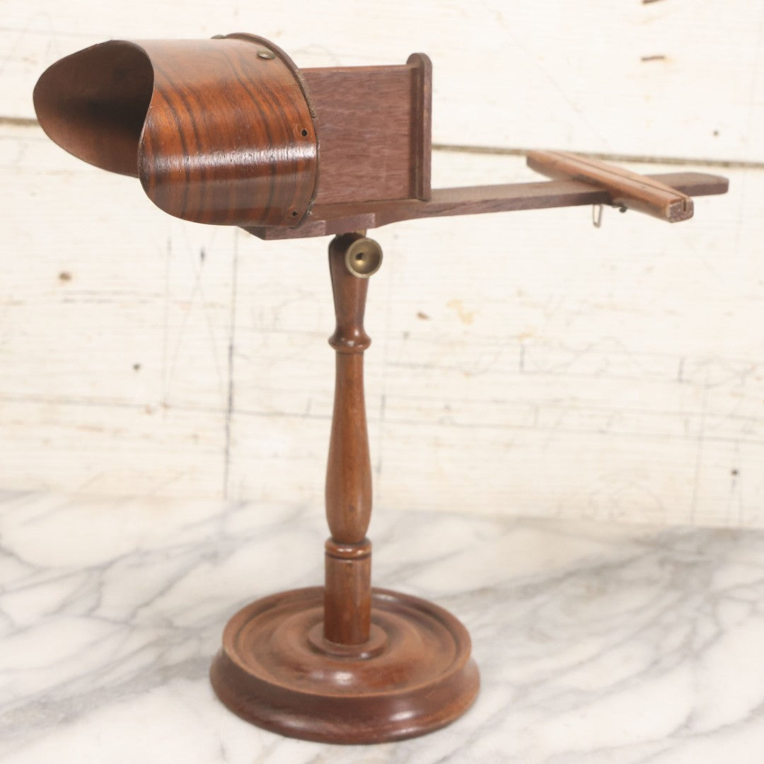 Lot 041 - Antique Wooden Stereoscopic Card Viewer On Turned Pedestal Stand, Complete With Viewing Hood And Card Holder