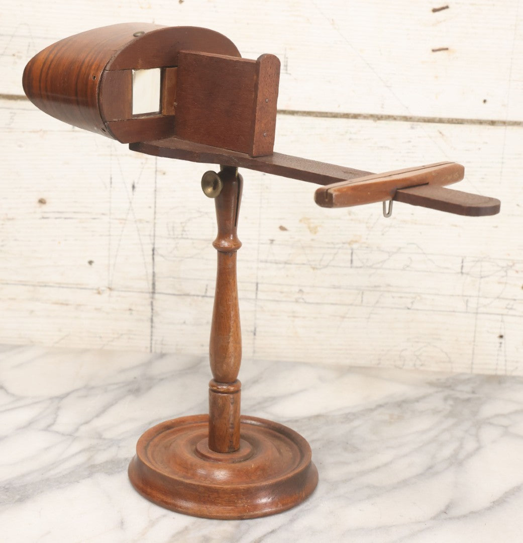Lot 041 - Antique Wooden Stereoscopic Card Viewer On Turned Pedestal Stand, Complete With Viewing Hood And Card Holder