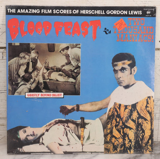 Lot 043 - Vintage "Blood Feast / Two Thousand Maniacs!" Vinyl Record, New Old Stock N.O.S. Unopened Horror Soundtrack By Herschell Gordon Lewis, Produced By Risty, Rhino Records, Santa Monica, California, 1984