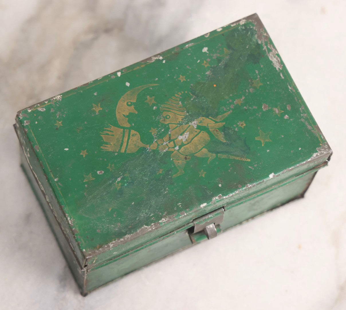 Lot 046 - Antique Green Tin Lithograph And Gold Stencil Painted Toleware Box With Witch, Moon And Celestial Motif, Circa 1920s