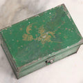 Lot 046 - Antique Green Tin Lithograph And Gold Stencil Painted Toleware Box With Witch, Moon And Celestial Motif, Circa 1920s, 4-1/8" L