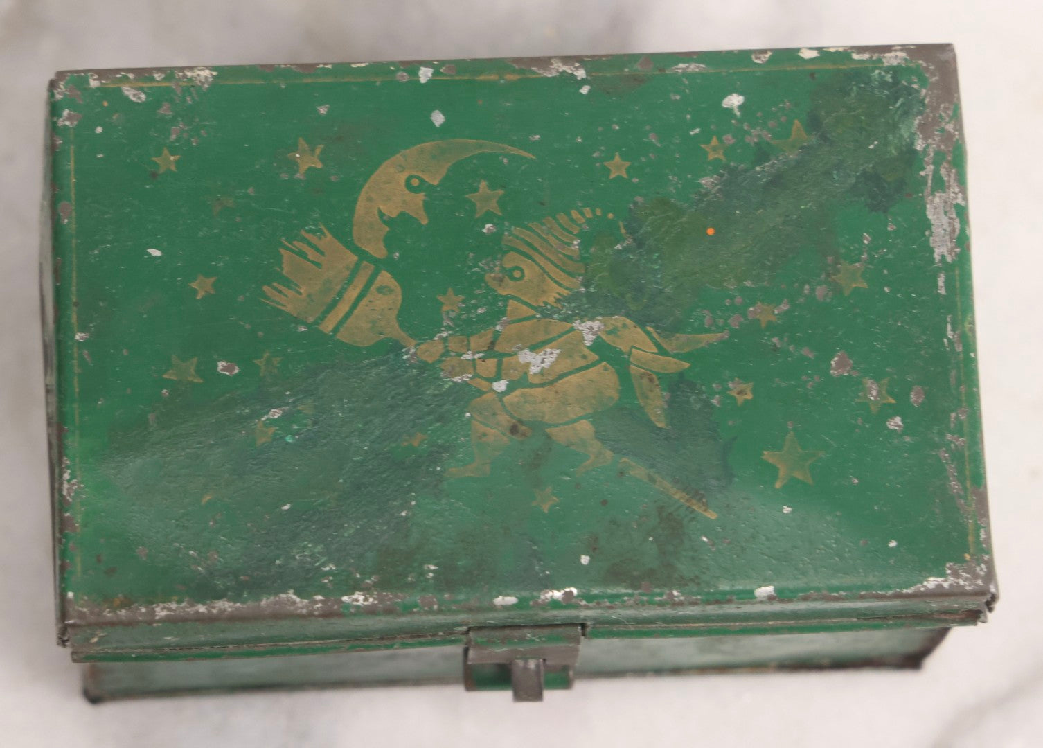 Lot 046 - Antique Green Tin Lithograph And Gold Stencil Painted Toleware Box With Witch, Moon And Celestial Motif, Circa 1920s