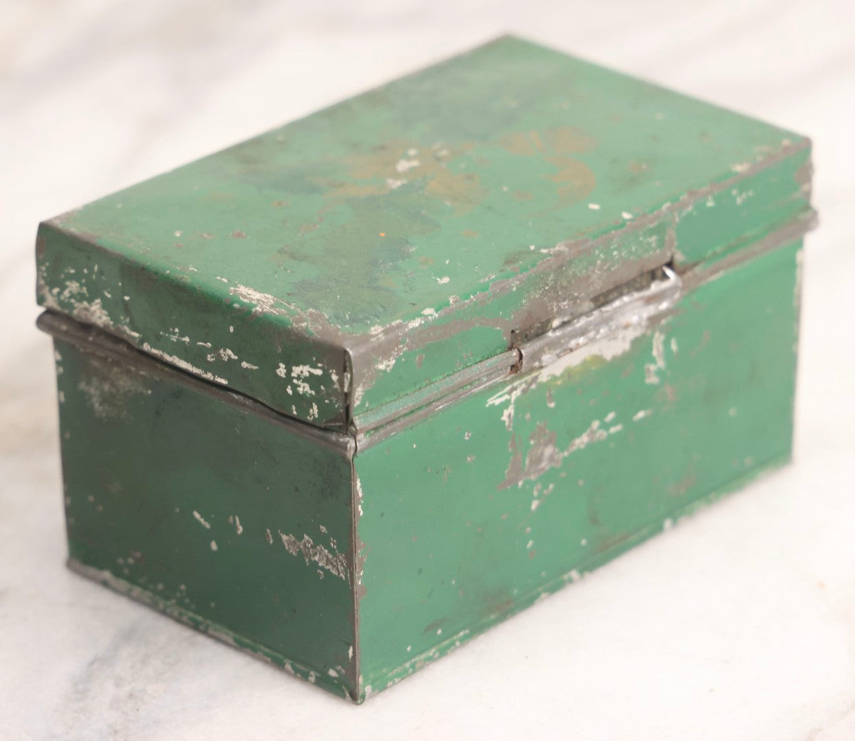 Lot 046 - Antique Green Tin Lithograph And Gold Stencil Painted Toleware Box With Witch, Moon And Celestial Motif, Circa 1920s