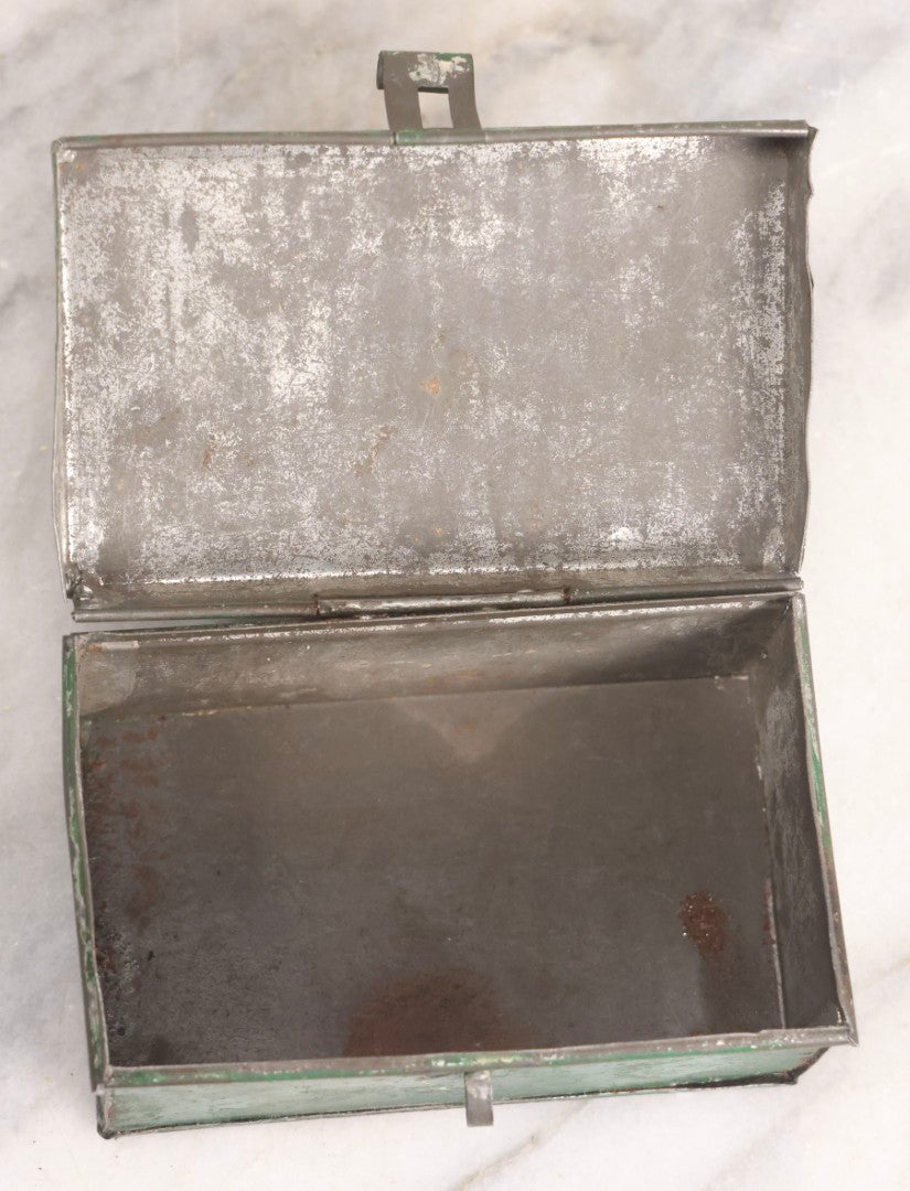 Lot 046 - Antique Green Tin Lithograph And Gold Stencil Painted Toleware Box With Witch, Moon And Celestial Motif, Circa 1920s