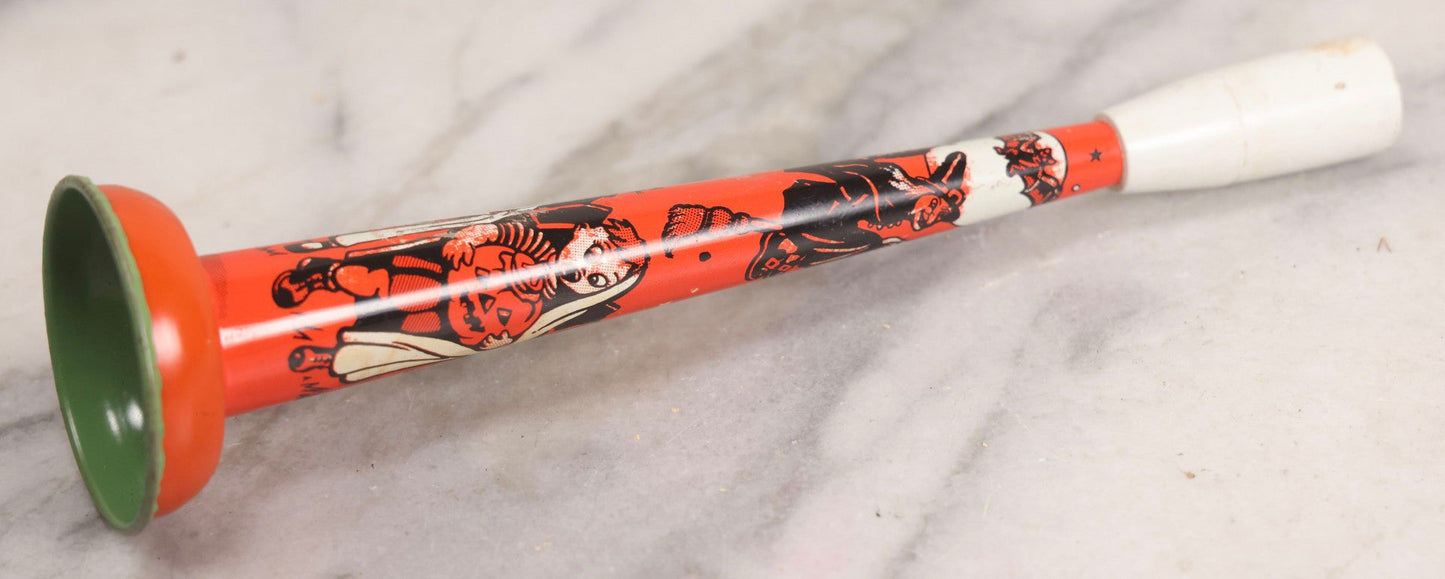 Lot 047 - Vintage Halloween Tin Lithograph Noisemaker With Scared Children, Witch, Black Cats, Owl, And Bat, U.S. Metal Toy Mfg. Co.