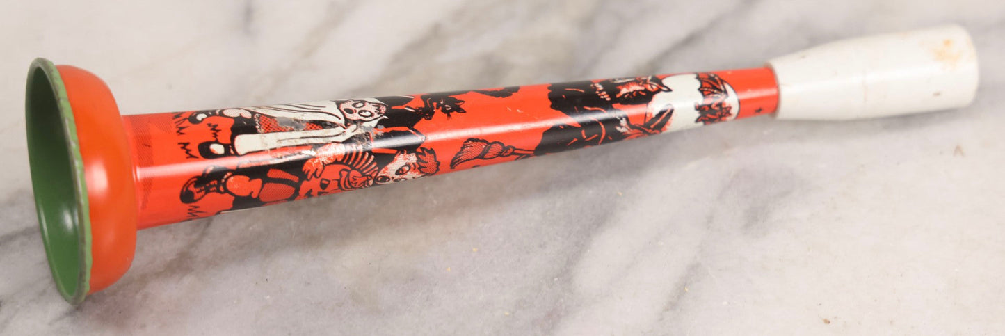 Lot 047 - Vintage Halloween Tin Lithograph Noisemaker With Scared Children, Witch, Black Cats, Owl, And Bat, U.S. Metal Toy Mfg. Co.