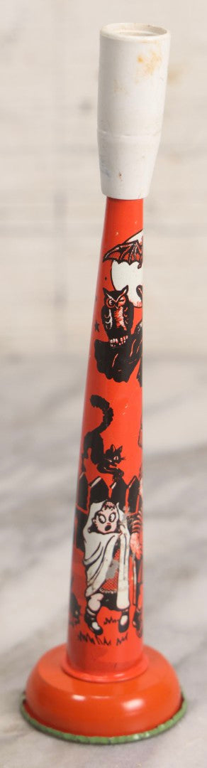 Lot 047 - Vintage Halloween Tin Lithograph Noisemaker With Scared Children, Witch, Black Cats, Owl, And Bat, U.S. Metal Toy Mfg. Co.