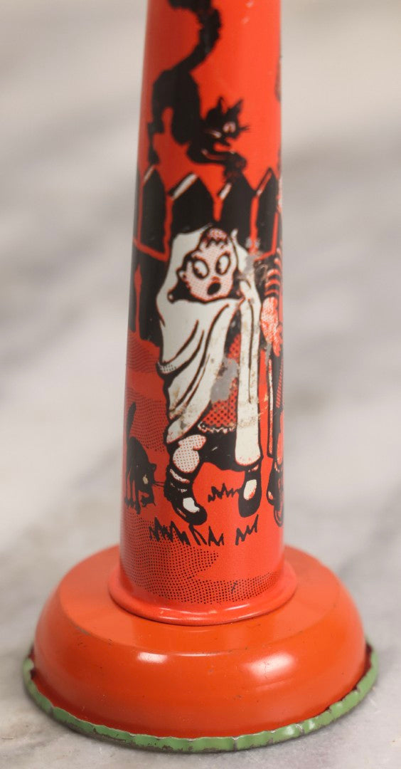 Lot 047 - Vintage Halloween Tin Lithograph Noisemaker With Scared Children, Witch, Black Cats, Owl, And Bat, U.S. Metal Toy Mfg. Co.