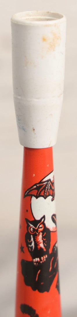 Lot 047 - Vintage Halloween Tin Lithograph Noisemaker With Scared Children, Witch, Black Cats, Owl, And Bat, U.S. Metal Toy Mfg. Co.