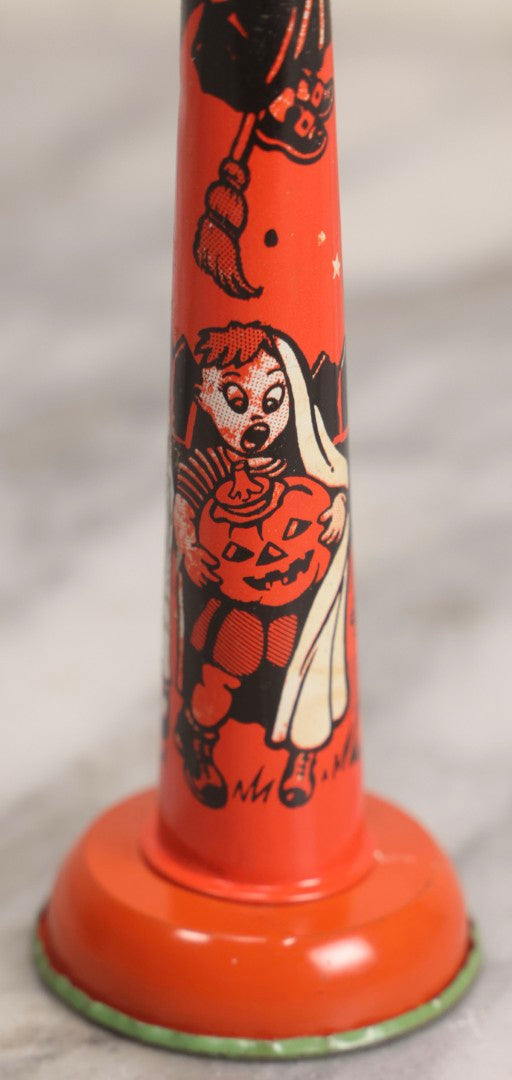 Lot 047 - Vintage Halloween Tin Lithograph Noisemaker With Scared Children, Witch, Black Cats, Owl, And Bat, U.S. Metal Toy Mfg. Co.