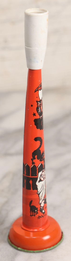 Lot 047 - Vintage Halloween Tin Lithograph Noisemaker With Scared Children, Witch, Black Cats, Owl, And Bat, U.S. Metal Toy Mfg. Co.