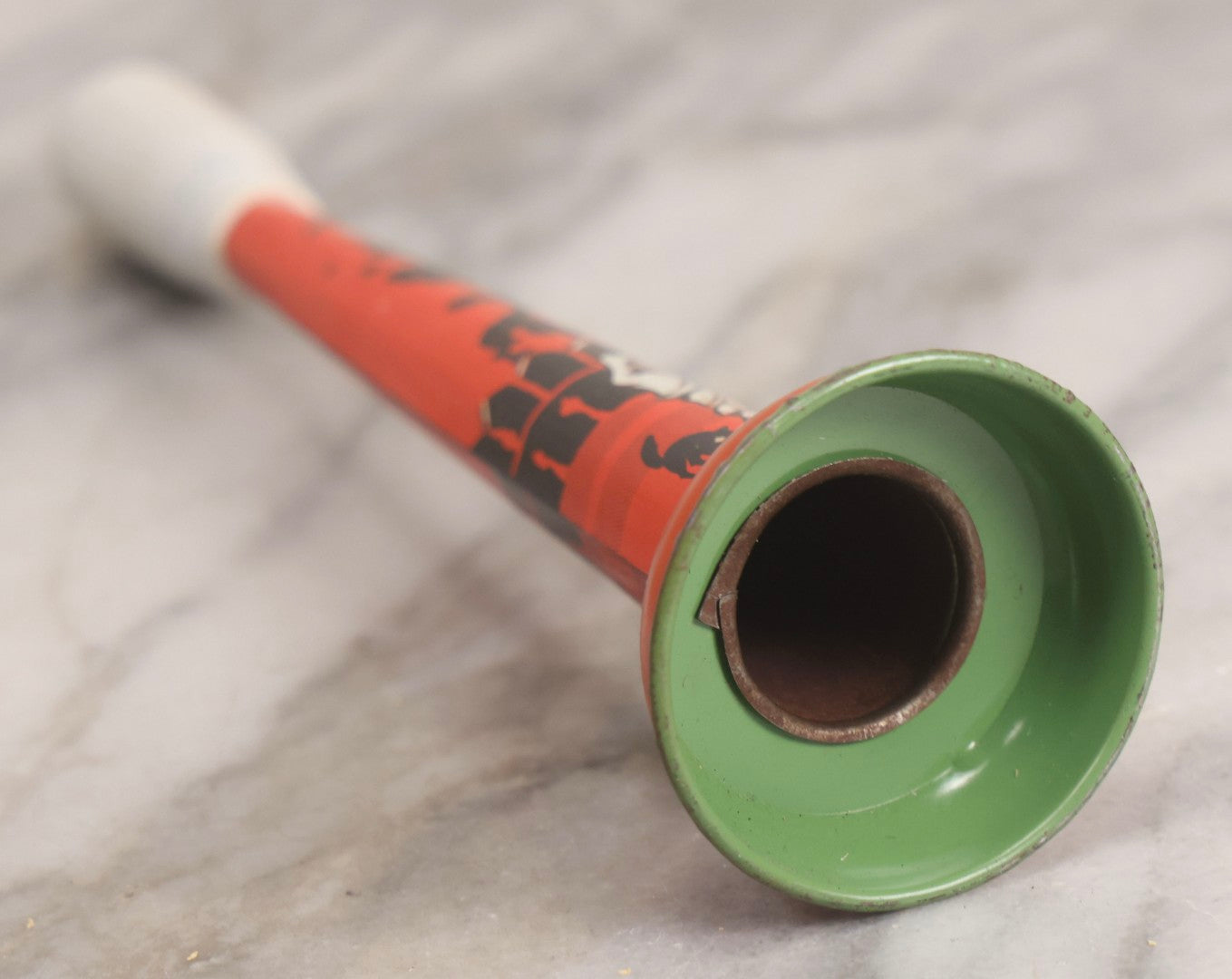 Lot 047 - Vintage Halloween Tin Lithograph Noisemaker With Scared Children, Witch, Black Cats, Owl, And Bat, U.S. Metal Toy Mfg. Co.