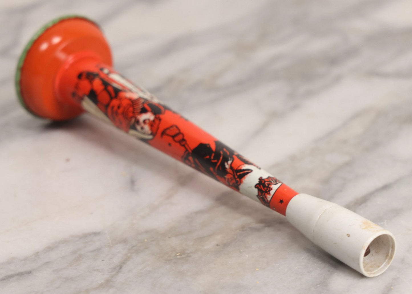 Lot 047 - Vintage Halloween Tin Lithograph Noisemaker With Scared Children, Witch, Black Cats, Owl, And Bat, U.S. Metal Toy Mfg. Co.