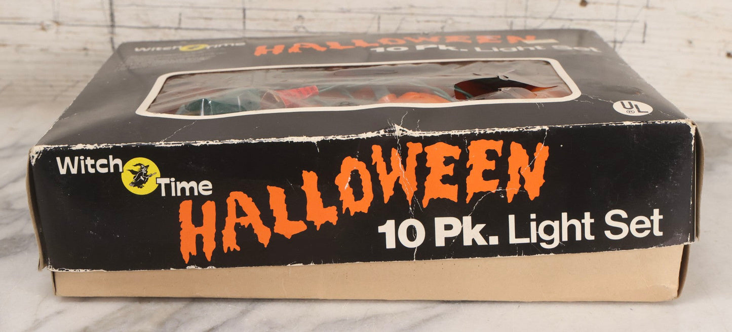 Lot 049 - Vintage Witch Time Brand Halloween Jack O' Lantern String Light Set, 10 Blow Mold Pumpkins, Electro-Plastics Inc., 1988