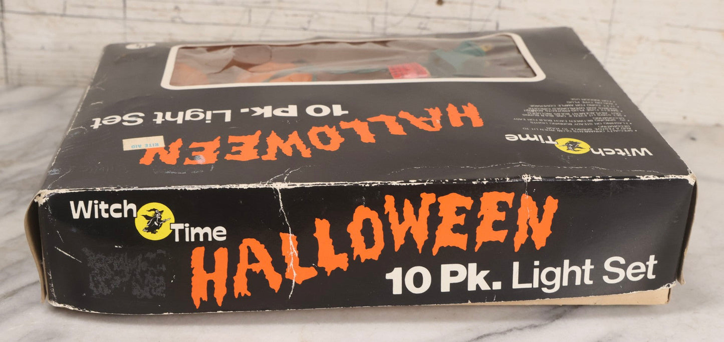 Lot 049 - Vintage Witch Time Brand Halloween Jack O' Lantern String Light Set, 10 Blow Mold Pumpkins, Electro-Plastics Inc., 1988