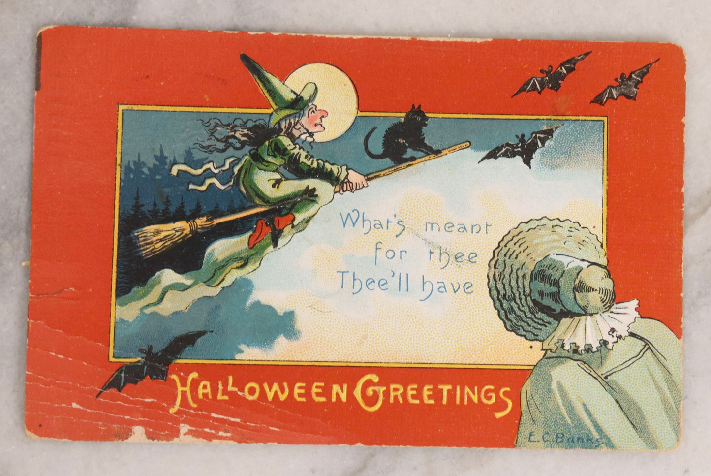 Lot 051 - Antique Embossed Halloween Postcard Featuring Witch On Broomstick With Black Cat, Moon, And Woman In Bonnet, Orange Border, Illustrated By E.C. Banks, Made In Saxony, Postmarked 1909