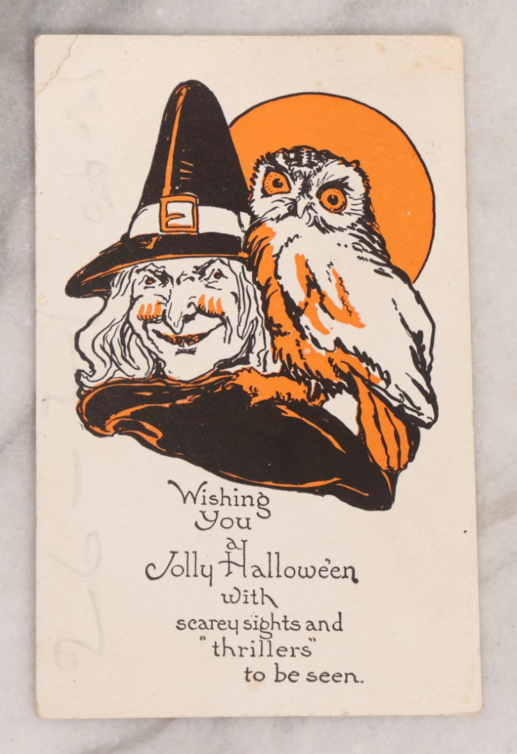 Lot 053 - Antique Halloween Postcard Featuring Witch With Owl On Shoulder Before Orange Moon, Made In U.S.A.., Undated
