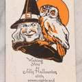 Lot 053 - Antique Halloween Postcard Featuring Witch With Owl On Shoulder Before Orange Moon, Made In U.S.A.., Undated