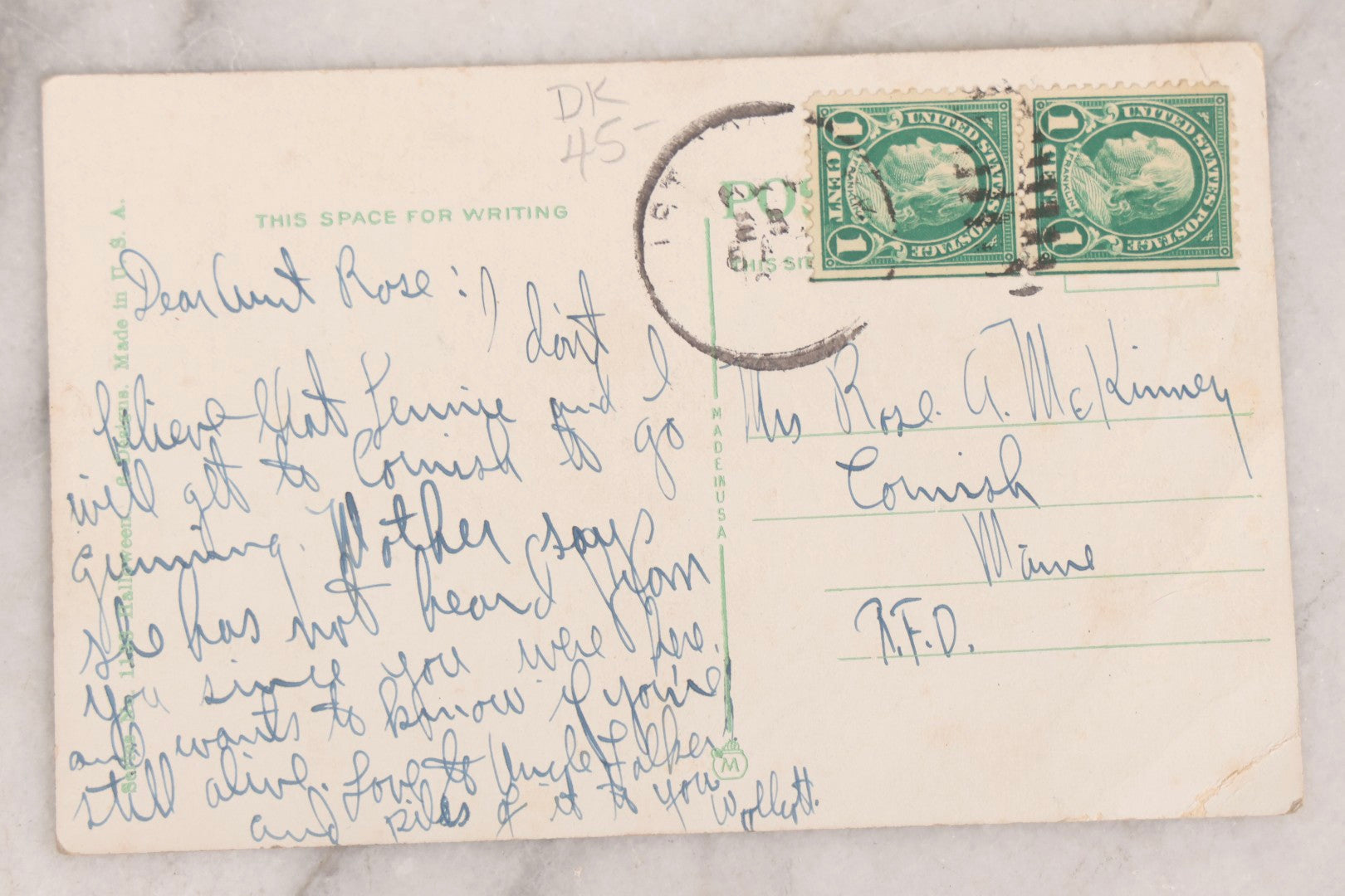 Lot 053 - Antique Halloween Postcard Featuring Witch With Owl On Shoulder Before Orange Moon, Made In U.S.A.., Undated