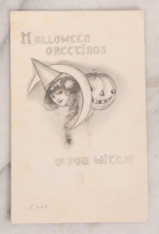 Lot 054 - Antique Halloween Postcard Featuring Woman In Witch Hat Emerging From Crescent Moon With Jack-O-Lantern J.O.L., Garner & Bender Publishing Co., Chicago, Unused
