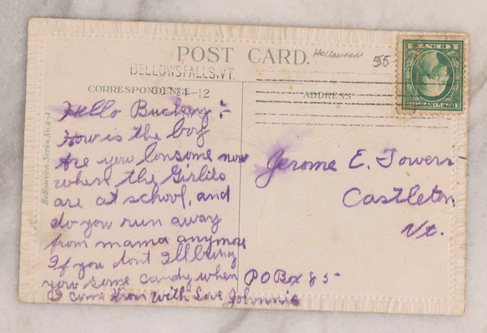 Lot 055 - Antique Halloween Postcard, "Lucky Halloween", Boy With Jack-O-Lantern J.O.L. On Fishing Pole And Girl With Mirror, Halloween Series No. 8-A