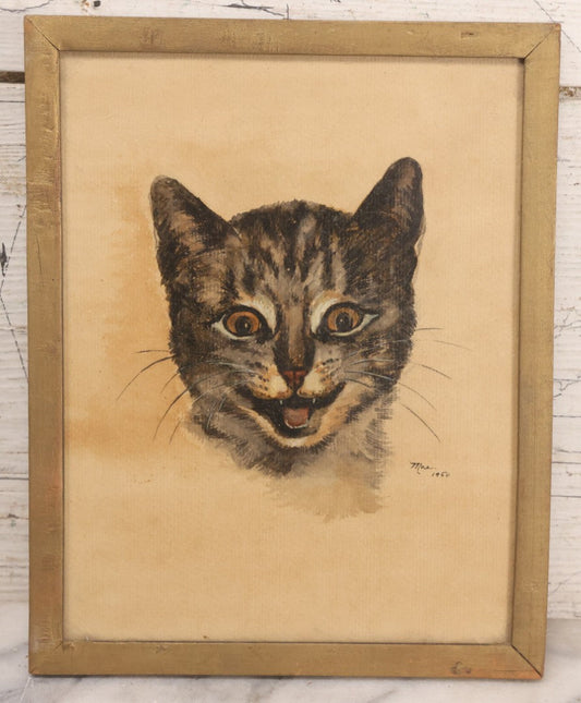 Lot 057 - Vintage Mid-Century Oil On Paper Portrait Of Smiling Tabby Cat, Signed “Mae,” Dated 1950