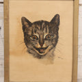 Lot 057 - Vintage Mid-Century Oil On Paper Portrait Of Smiling Tabby Cat, Signed “Mae,” Dated 1950, 7-3/4" x 9-3/4"
