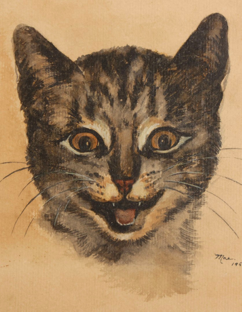 Lot 057 - Vintage Mid-Century Oil On Paper Portrait Of Smiling Tabby Cat, Signed “Mae,” Dated 1950