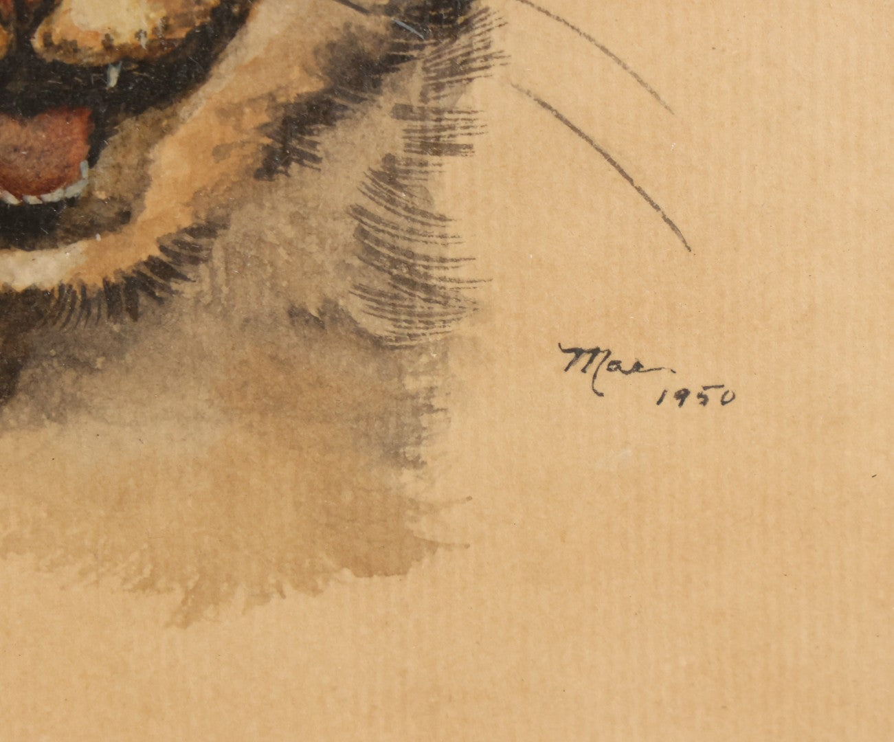 Lot 057 - Vintage Mid-Century Oil On Paper Portrait Of Smiling Tabby Cat, Signed “Mae,” Dated 1950