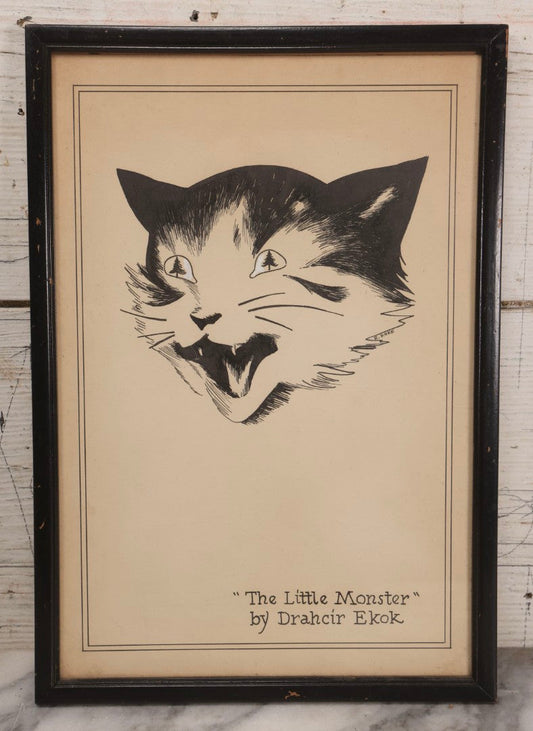 Lot 058 - Vintage Pen And Ink Drawing Of Wide-Eyed Cat “The Little Monster,” Signed R. Koke, With Reversed Name “Drahcir Ekok”