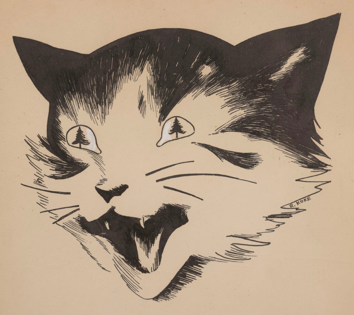 Lot 058 - Vintage Pen And Ink Drawing Of Wide-Eyed Cat “The Little Monster,” Signed R. Koke, With Reversed Name “Drahcir Ekok”