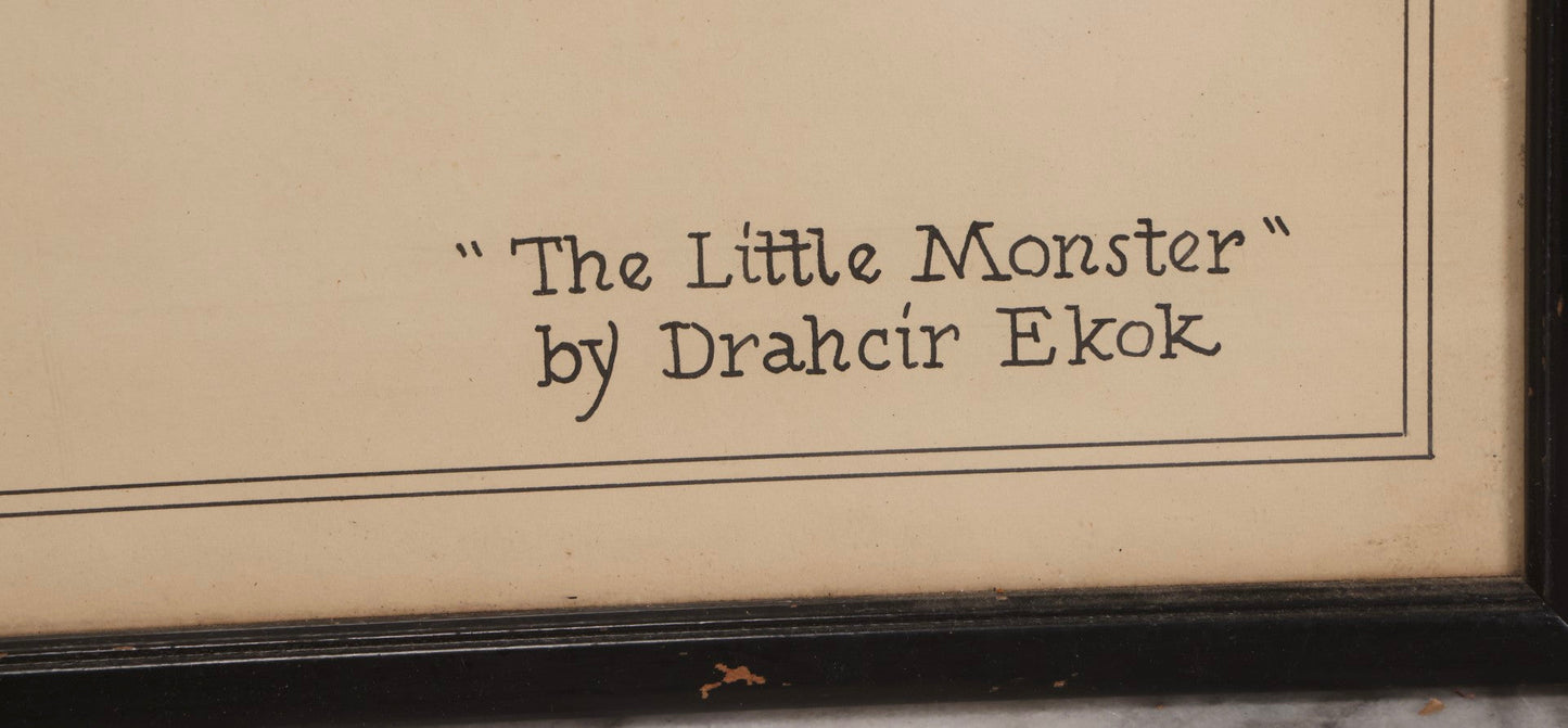 Lot 058 - Vintage Pen And Ink Drawing Of Wide-Eyed Cat “The Little Monster,” Signed R. Koke, With Reversed Name “Drahcir Ekok”