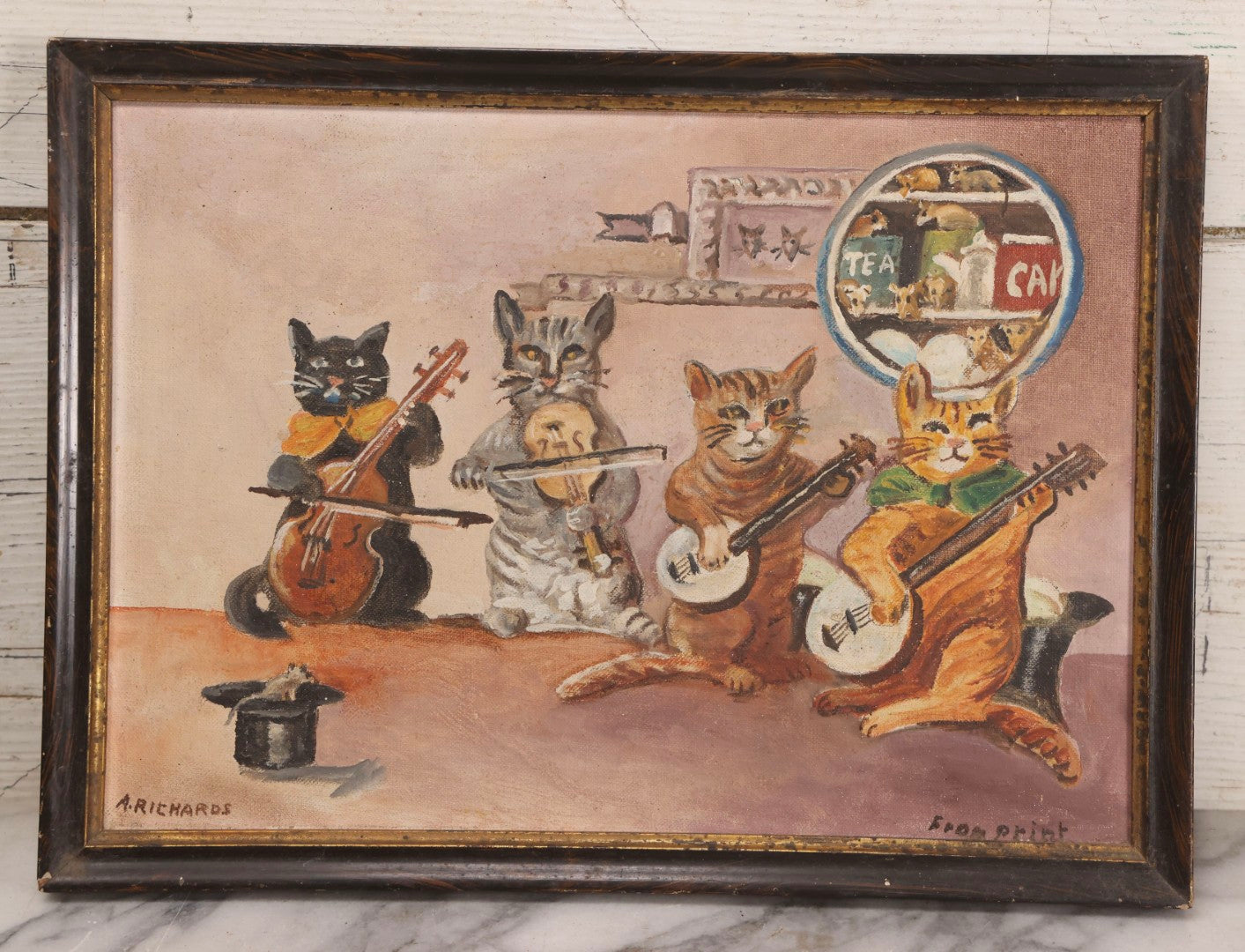 Lot 059 - Vintage Oil On Board Painting Of Anthropomorphic Cats Playing Musical Instruments, Signed A. Richards, “From Print”